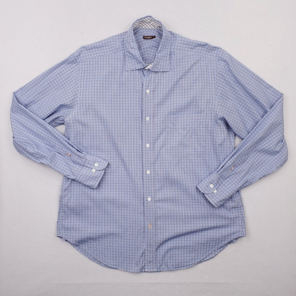 J Mclaughlin Shirt Mens Medium Blue Plaid Lightweight Egyptian Cotton Button Up